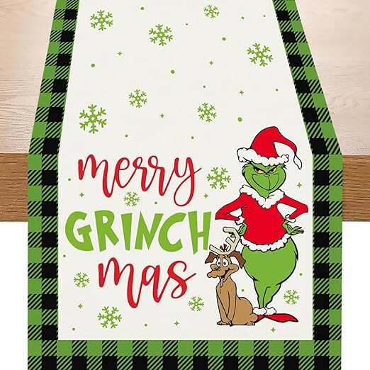 Merry Grinchmas Table Runner, Funny Grinchy Christmas Decorations, Winter Holiday Party Supplies, Xmas Home Kitchen Dining Room Fireplace Table Decor, 13x72 Inch
