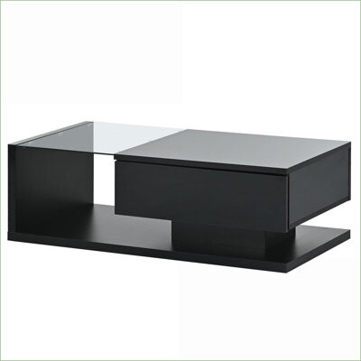 Latitude Run Black Tempered Glass Coffee Table with High-Gloss Wood Look Space-Saving Storage & Easy Assembly