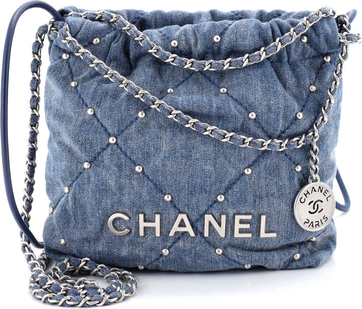 Chanel 22 Chain Hobo Quilted Studded Denim Mini