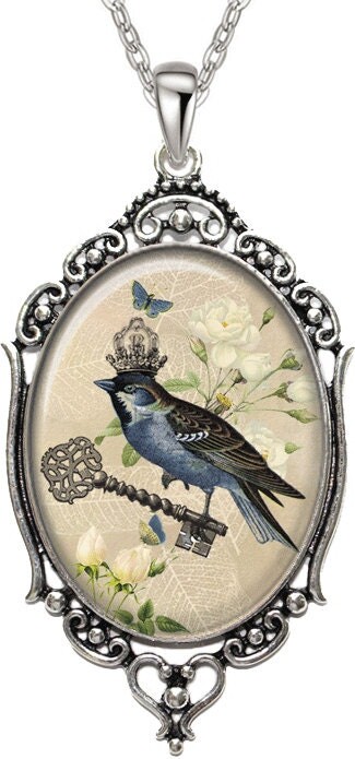 Etsy Floral Bluebird On Crown Sitting On A Key Oval Pendant Necklace Filigree Art Photo Graphic