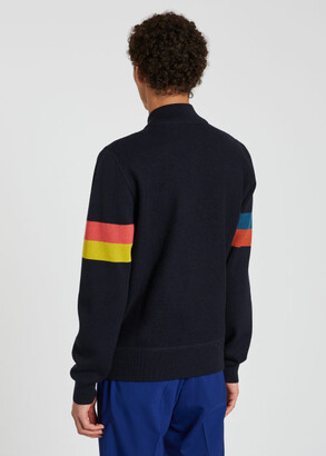 Paul Smith Dark Navy Knitted Wool Bomber Jacket With 'Artist Stripe' Sleeves