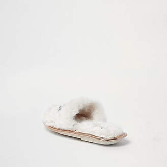 River Island Womens Cream faux fur embellished slider slippers