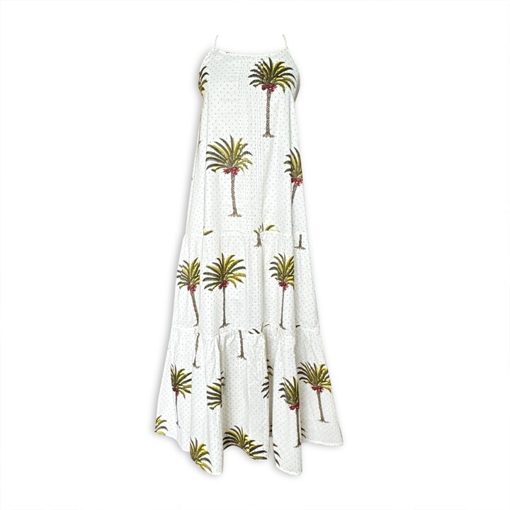 Pick Happy Neutrals Pintuck Maxi Cotton Dress Green Palm Tree Polka Dots Ivory