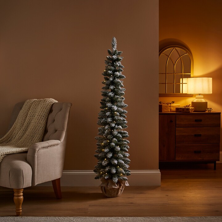 Dunelm 5ft Pre-lit Slim Flocked Down Swept Christmas Tree in Burlap Pot ...