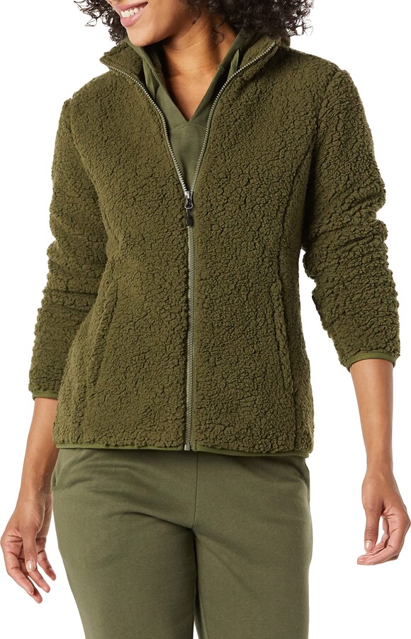 Essentials Women's Sherpa Long-Sleeve Mock Neck Full-Zip Jacket with Woven Trim 
