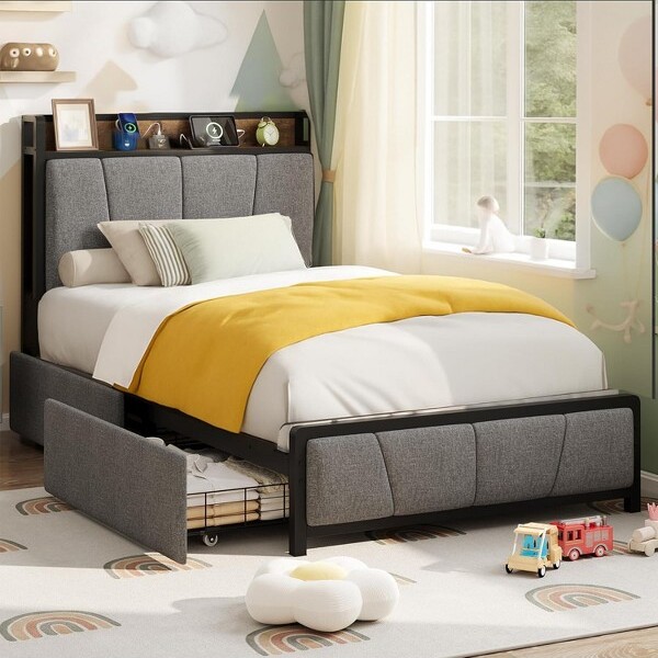 Garvee TwinSizeUpholsteredBedFramewithStorageHeadboard2DrawersUSBChargingStationNoBoxSpringNeededHeavyDutyGrey