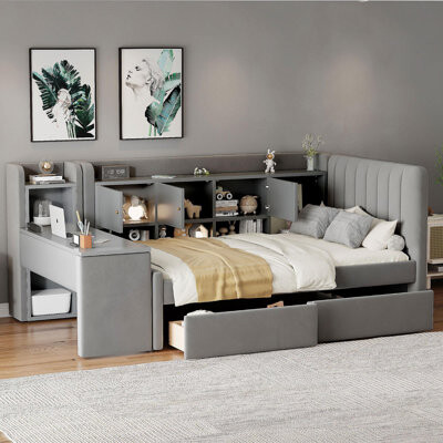 Mercer41 Twin Size Upholstered Daybed With Drawers, Shelves, Flip Cabinets & Side Table (Beige)