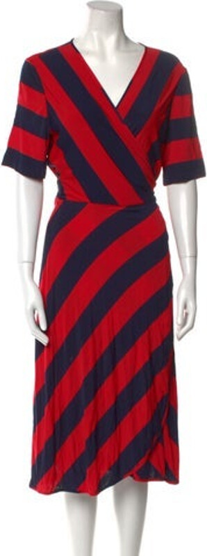 Tory Burch Wrap Dress Blue & Red Striped Short Sleeve with V-Neck Sash-Tie Closure at Front Designer