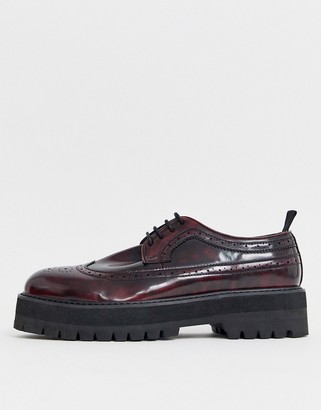 ASOS DESIGN brogue shoes in burgundy faux leather with chunky sole