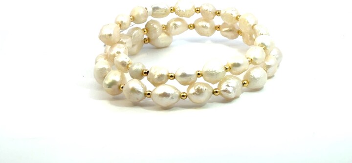 Vincent Peach Fine Jewelry White / Gold Double Wrap Copper Freshwater Pearl Beads Bracelet