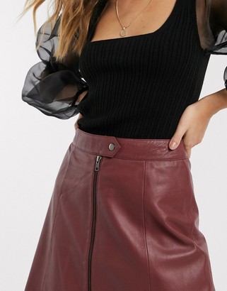 Y.A.S zip front leather mini skirt in burgundy