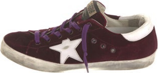 Golden Goose Velvet Low Top Sneakers Purple Printed Leather & Rubber Trim Round-Toes with Distressed Accents Lace-Up Closure at Uppers Includes Box Designer