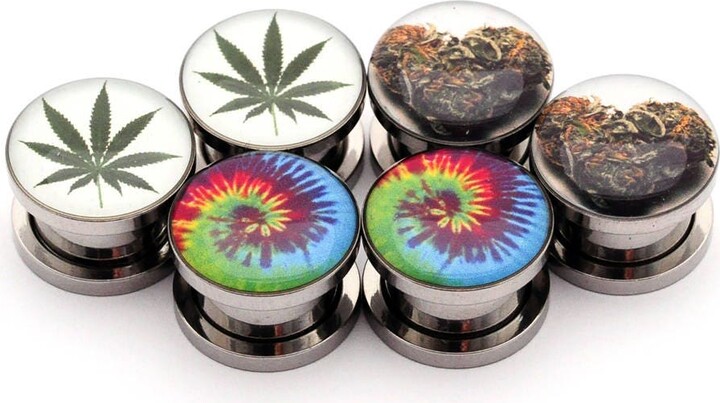 Set Of 3 Steel Screw On Picture Plugs 4 | Pot Leaf, Love Bud, Tie Dye Gauges - 6G, 4G, 2G, 0G, 00G, 1/2, 9/16, 5/8, 3/4, 7/8, 1 Inch