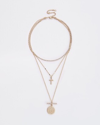 River Island Womens Gold Colour Cross And Coin Layered Necklace