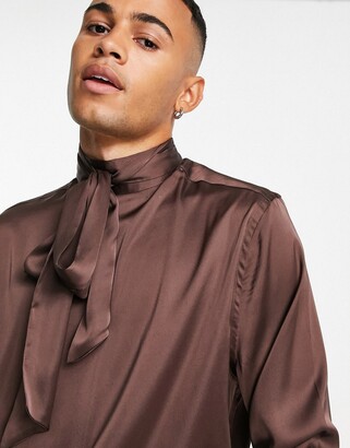 ASOS DESIGN shirt with pussybow tie neck in brown satin