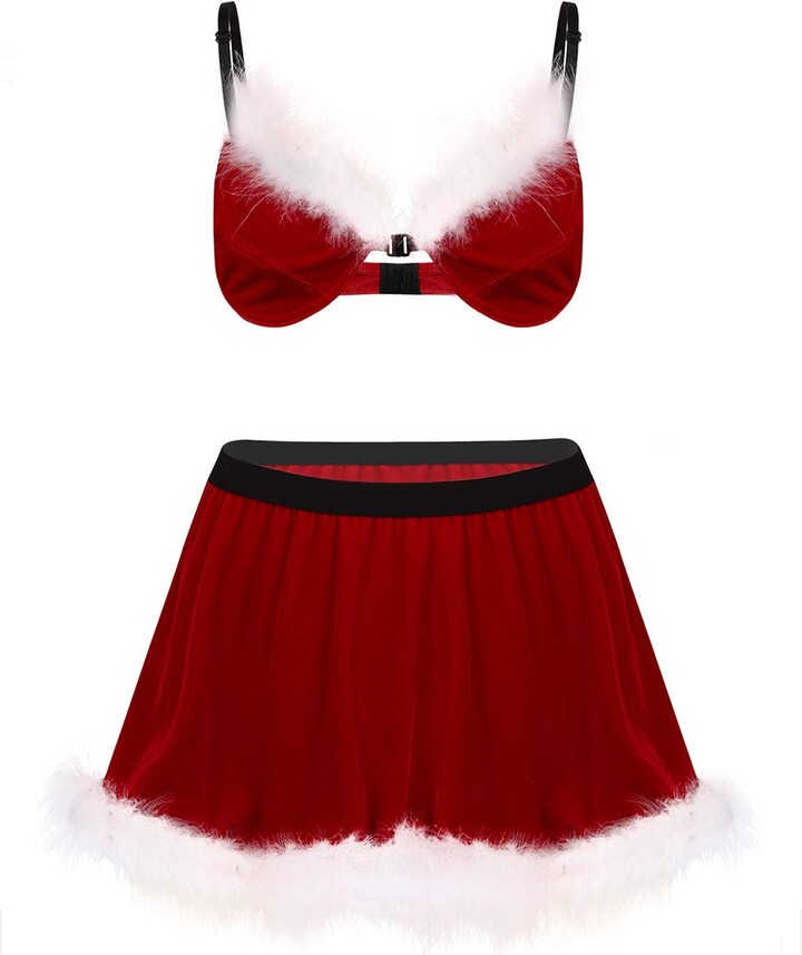 Alvivi Men's Red Velvet Santa Claus Costume Sissy Lingerie Bra Elastic  Waistband Short Skirt Red Medium