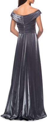 La Femme V-Neck Metallic Satin Ruched Gown