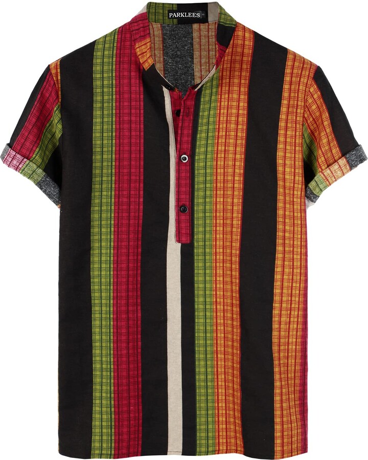 PARKLEES Mens Cotton Linen Floral Print Hawaiian Shirts Casual Short