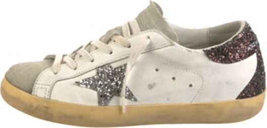 Golden Goose Leather Low Top Sneakers Blue & White Rubber & Suede Trim Distressed & Glitter Accents Round-Toes Lace-Up Closure at Uppers Includes Dust Bag Designer