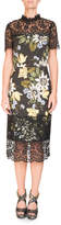 Erdem Short-Sleeve Floral-Print Sheath Midi Dress with Lace Yoke & Hem