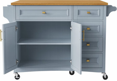 52'' Kitchen Island with Drop Leaf, Embossed Texture Kitchen Island on Wheels with Spice Rack, Towel Rack, 2 Doors and 5 Drawers, Kitchen Storage Cart