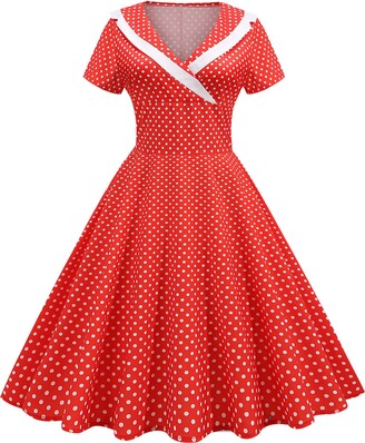 IWEMEK Women 1950s Vintage Retro Rockabilly Dress Lapel V-Neck