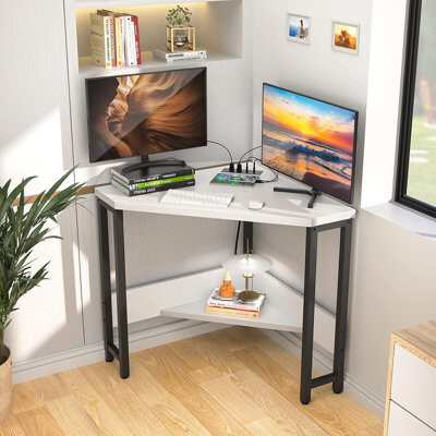 RTMB LLC White Corner Desk With USB Ports Compact Triangle Table With Storage Small-Space Workstation For Home Office Living Room Or Bedroom