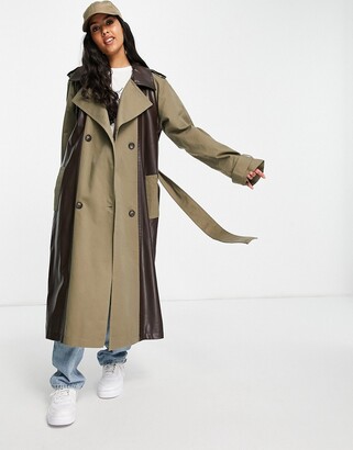 ASOS DESIGN faux leather spliced trench in brown