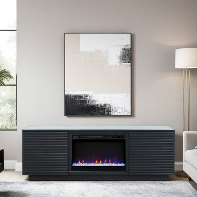 Fireplace Tv Cabinet In Black, Accommodates Up To 85" Tvs With Flame Effect And Storage 73 Inch Black Console Remote For