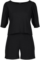 Thumbnail for your product : boohoo Ribbed Puff Sleeve Top & Short Co-ord Set