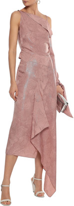Roland Mouret Bruce One-shoulder Draped Silk-blend Jacquard Midi Dress