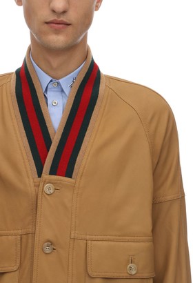 Gucci Leather Bomber Jacket W/web Collar