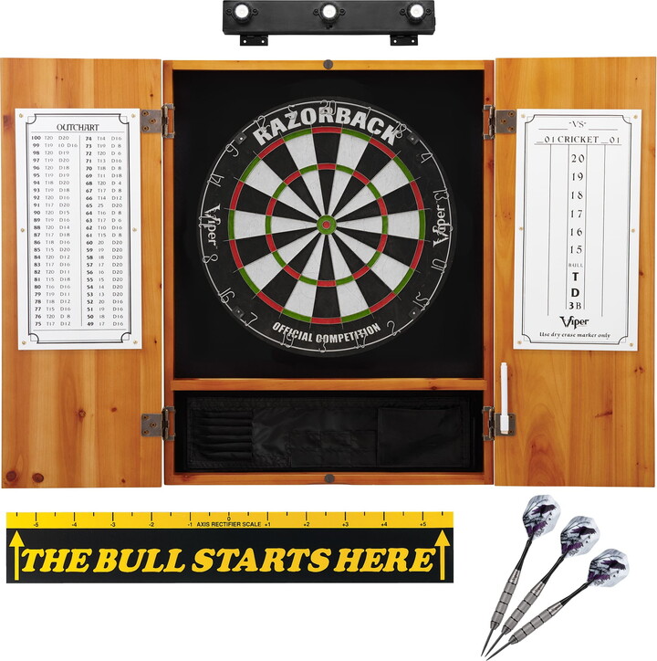 Viper Razorback Sisal Dartboard, Underground Raven Steel Tip Darts 25 Grams, Metropolitan Oak Cabinet, Shadow Buster Dartboard Lights & "The Bull Starts Here" Throw Line Marker