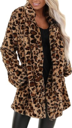 Women Winter Fluffy Fleece Coats Leopard Print Teddy Bear Fur Baggy Warm Jacket