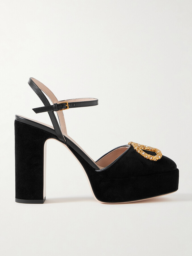 Valentino Garavani Vlogo 105 Embellished Leather-trimmed Velvet Platform Pumps - Black