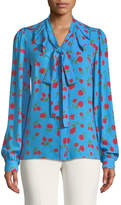 Thumbnail for your product : Michael Kors Button-Down Tie-Neck Scattered Rose-Print Silk Georgette Blouse