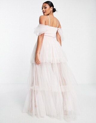 Lace & Beads long sleeve tulle maxi dress in powder pink