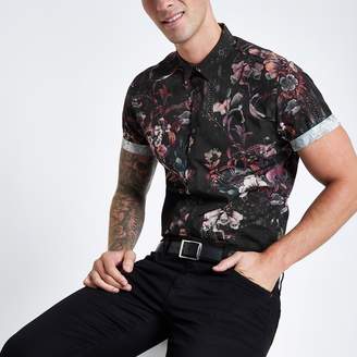 River Island Mens Black floral print slim fit shirt
