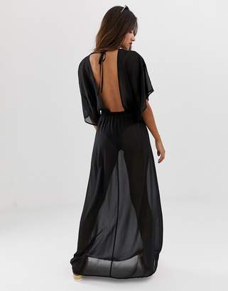 ASOS Design DESIGN kimono sleeve tie back chiffon maxi beach dress in black