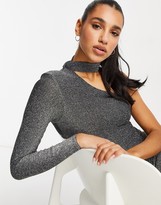 Thumbnail for your product : Fashionkilla glitter choker detail one shoulder mini dress in silver