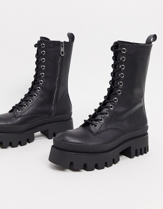 Bershka lace up biker boot with sole detail in black - ShopStyle