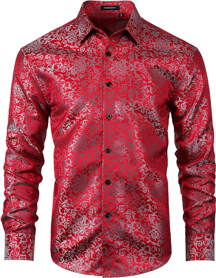 Enlision Silk Shirt for Men Red Paisley Floral Satin Shirt for Men Long