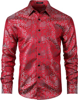 Enlision Men's Casual Silk Dress Shirt Black Floral Jacquard Satin Shirt  for Men Paisley Long Sleeve Regular Fit Button Down Shirt for Wedding Party  Tuxedo Shirts M - ShopStyle