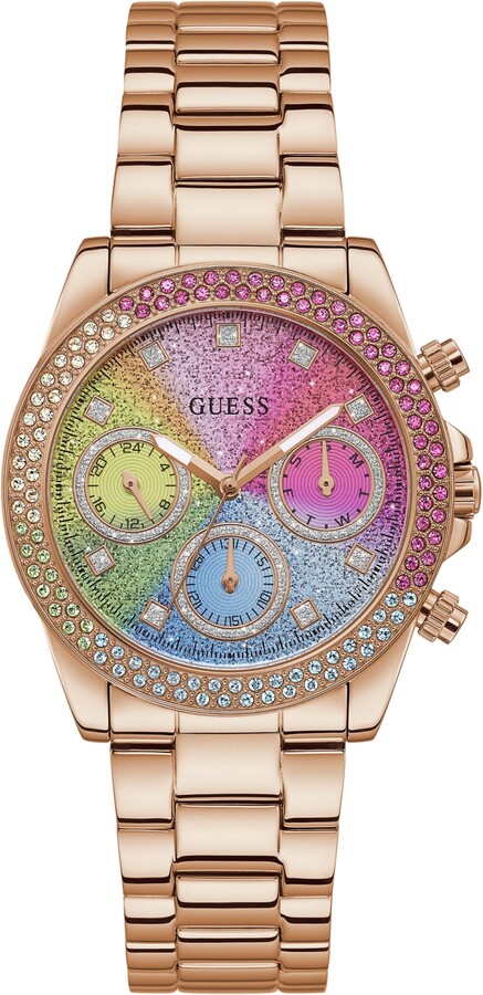 Guess Shaped Cut-thru 38mm Watch Pink Dial Gold-tone Stainless Steel Case & in Metallic Womens Watches Guess Watches 