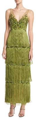 Marchesa Notte Sleeveless Tiered Fringe Gown w/ Beaded Bodice