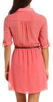 Thumbnail for your product : Charlotte Russe Three Quarter Sleeve Belted Chiffon Shirt Dress