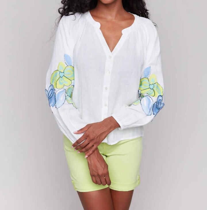 CHARLIE B Emboidered Sleeve Blouse In White