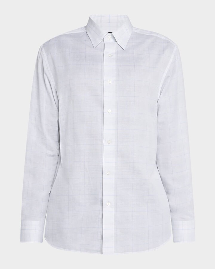 Brioni Men's Cotton and Linen Plaid Sport Shirt