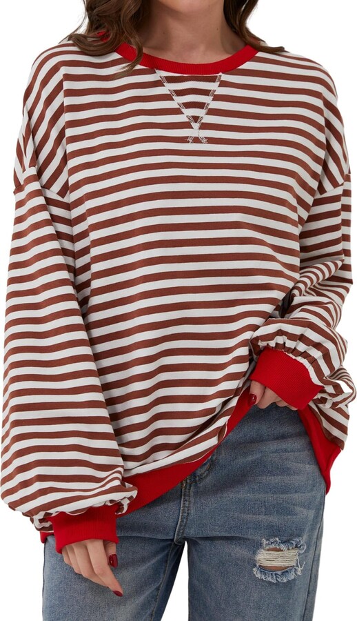 DMOYALA Womens Striped Sweatshirt Oversized Crewneck Sweatshirt Fashion Long Sleeve Clolor Block Tops for Women Casual Loose Pullover Y2K Shirt Top Red White