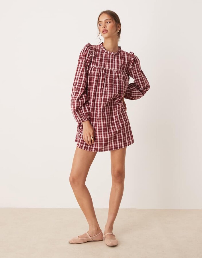 Neon Rose high neck textured plaid mini smock dress in burgundy & pink